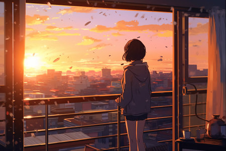 Back view of young woman standing on balcony and looking at cityscape at sunsetの素材