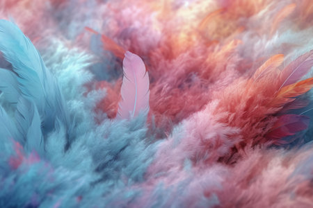 Colorful feathers background. Close-up of colorful feathers. Color of the year 2019.の素材