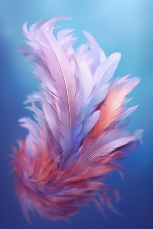 Beautiful color feathers on blue background, feather texture, blue backgroundの素材