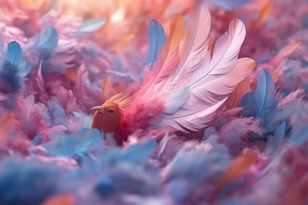 Colorful feathers and bird toy in the nest, soft focus backgroundの素材
