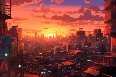 3d render of a cityscape at sunset with a beautiful skyの素材