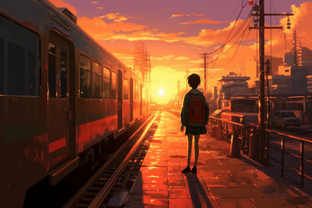 Silhouette of a girl standing on the platform of a railway station at sunsetの素材