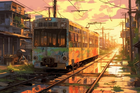 the old tram on the railway station at sunset in the city of Bangkok in Thailand.の素材