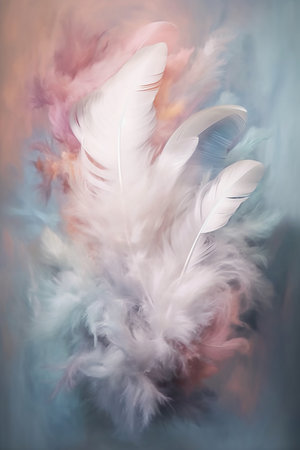 Feathers on the background of a colored smokey pastelの素材