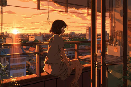 Woman sitting on the balcony and looking at the city at sunset.の素材