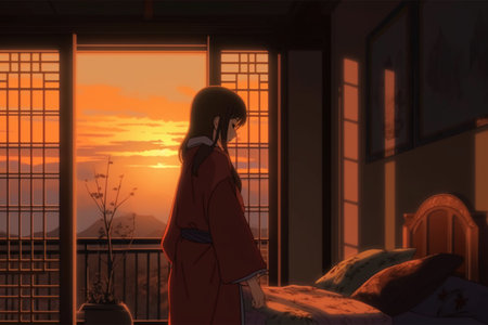 A young woman in a red coat is sitting on the bed and looking at the sunsetの素材