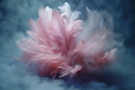 Beautiful pink feathers on a dark blue background. Toned.の素材
