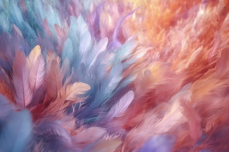 Colorful feathers background. Close-up of multicolored feathers.の素材