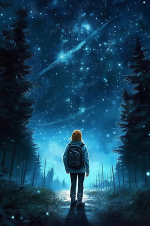 Woman in a winter forest with a backpack on her back looking at the Milky Wayの素材