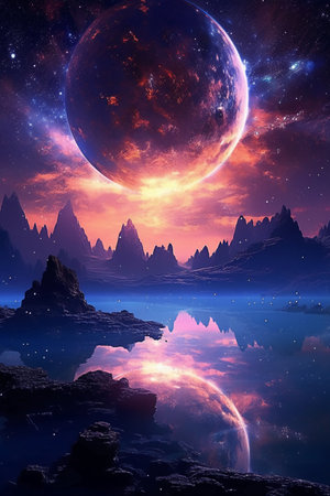 Fantasy alien planet. Mountain and lake. 3D illustration.の素材