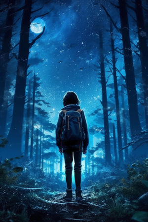 Young man with backpack standing in the dark forest at night with full moonの素材