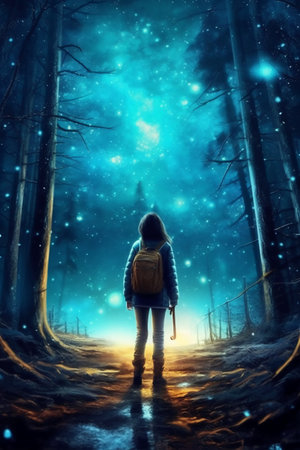 Young woman with backpack in the forest at night. 3D renderingの素材