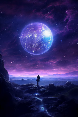 Fantasy scene with man standing on the edge of a cliff and looking at the starsの素材