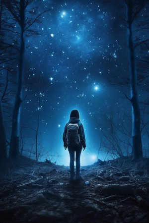 Hiker with backpack standing in the forest and looking at the starry skyの素材