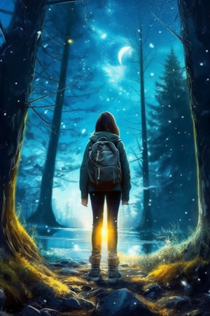 A girl in a dark forest with a backpack looks at the moonの素材