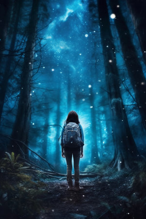 Woman with backpack hiking in the forest at night. Fantasy landscape.の素材