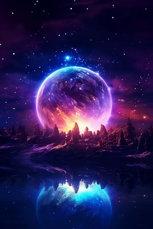 Fantasy landscape with planet and forest. Space background. 3d renderの素材
