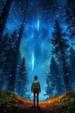 Man standing in the middle of a forest and looking at the starry skyの素材