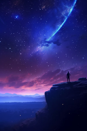 Silhouette of a man standing on the edge of a cliff and looking at the milky wayの素材
