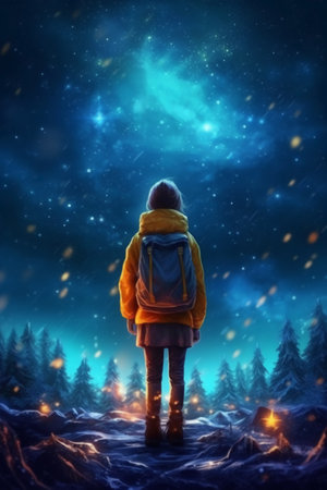 Girl in a yellow jacket with a backpack stands in the winter forest and looks at the milky way.の素材