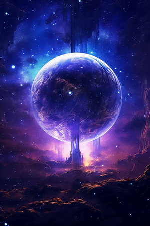 Fantasy landscape with planet in space. Collage. 3D renderingの素材