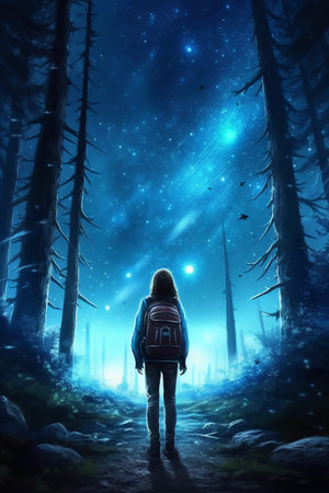 Hiker in the woods with a backpack looking at the Milky Wayの素材