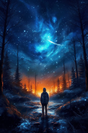 Hiker in the forest at night. Fantasy landscape. 3D renderingの素材