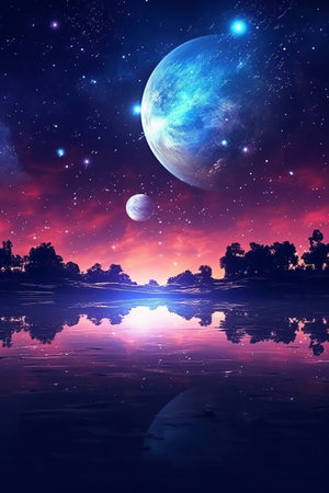 Fantasy landscape with a lake, moon and stars in the skyの素材