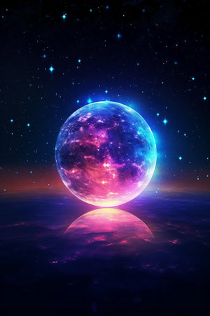 abstract space background with planet and stars, 3d render illustrationの素材