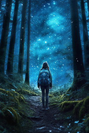 Young woman hiking in the forest with a backpack and looking at the starsの素材