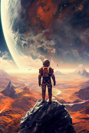 Astronaut on the edge of a planet. 3D renderingの素材