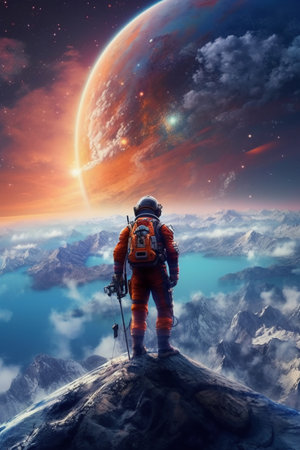 Astronaut on the top of the mountain. 3D renderingの素材