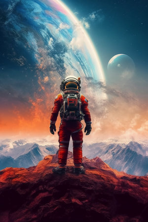 Astronaut on the background of the planet. 3D renderingの素材