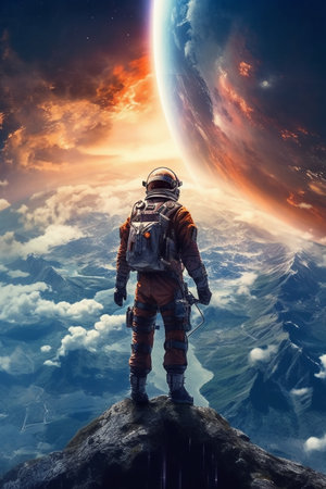 Astronaut in spacesuit against the background of the planet.の素材