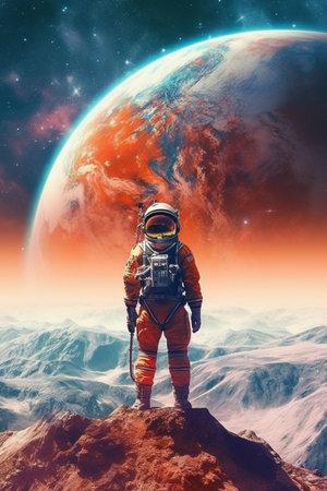 Astronaut on the top of the planet. 3D renderingの素材