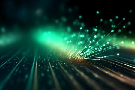 Futuristic technology wave background with glowing lines and bokehの素材