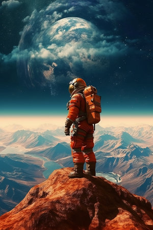 Astronaut on the edge of the planet. 3D renderingの素材