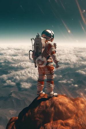 Astronaut on the top of the mountain. 3D renderingの素材