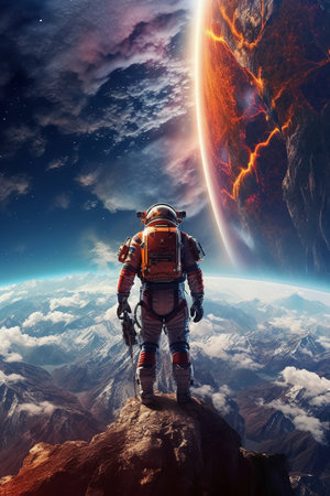 Astronaut on the top of the planet. 3D renderingの素材
