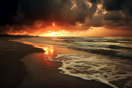 Beautiful sunset on the beach with storm clouds and seagullsの素材