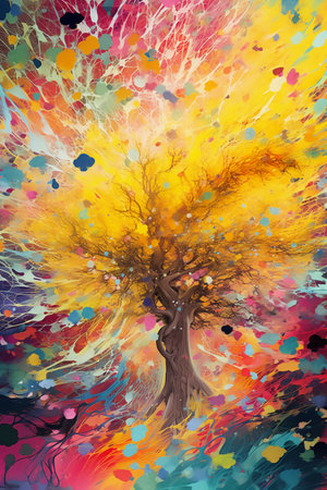 Abstract colorful autumn tree with falling leaves and splashes of watercolor paintの素材