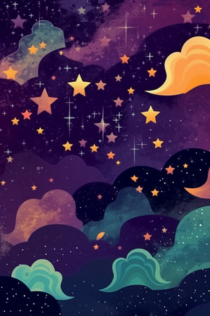 Night sky with stars and clouds. Hand drawn watercolor illustration.の素材