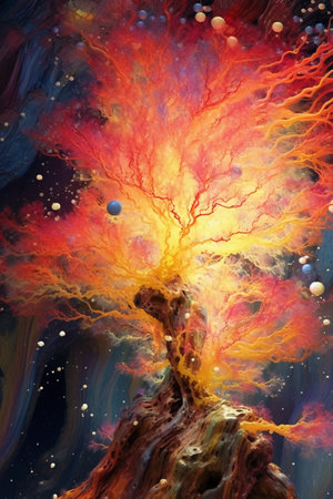 Abstract tree with red and orange smoke in space. Collage.の素材