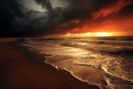 Beautiful sunset over the sea. Dramatic sky with clouds and wavesの素材