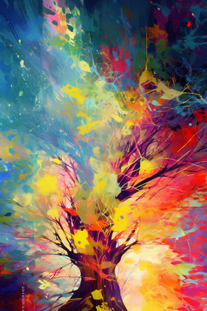 Autumn tree with colorful leaves. Abstract background. Digital painting.の素材