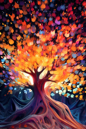 Abstract tree with colorful leaves in the shape of heart. Digital illustration.の素材