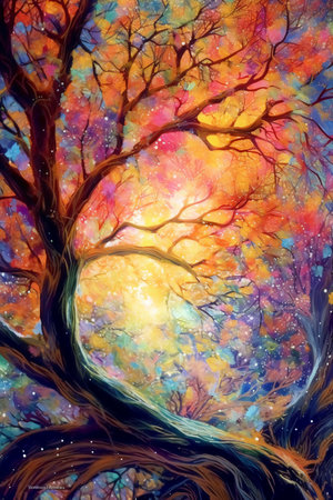 Magic forest with trees and stars. Colorful abstract painting. Digital illustration.の素材
