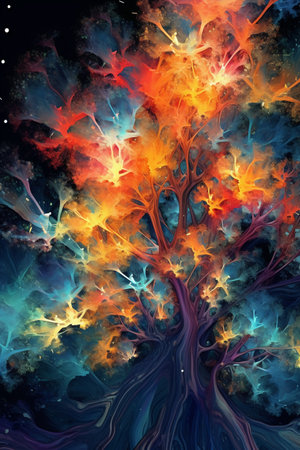 Abstract tree with orange, blue, yellow and red colors on black backgroundの素材