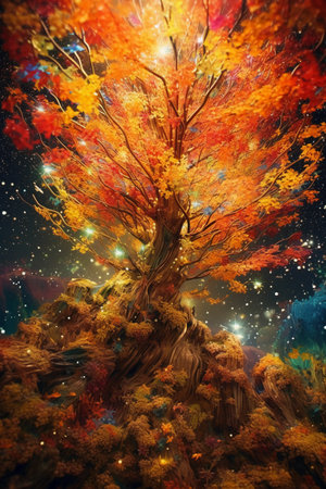 Autumn landscape with trees and stars. Digital painting. Illustration.の素材