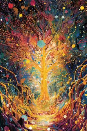 abstract colorful tree on colorful background, digital painting illustration for backgroundの素材